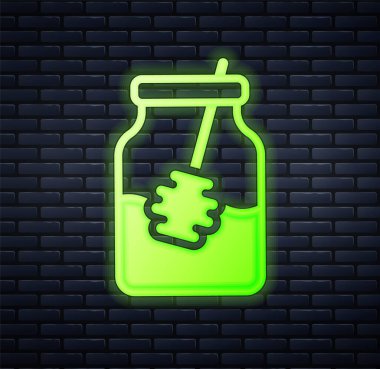 Parlayan neon kavanoz bal ve ballı şeker çubuğu ikonu tuğla duvar arkasında izole edilmiş. Yiyecek bankası. Tatlı doğal gıda sembolü. Tatlı kepçe. Vektör.