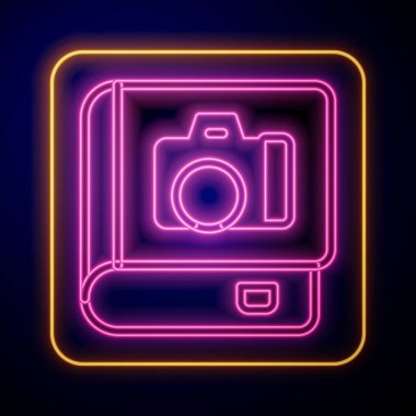 Parlayan neon fotoğraf albüm galerisi simgesi siyah arkaplanda izole edildi. Vektör.