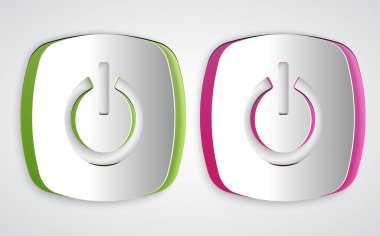 Kağıt kesme düğmesi simgesi gri arkaplanda izole edildi. Başlat işareti. Kağıt sanatı tarzı. Vektör.