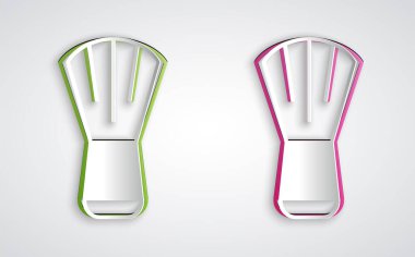 Kağıt kesiği makyaj fırçası simgesi gri arkaplanda izole edildi. Kağıt sanatı tarzı. Vektör.