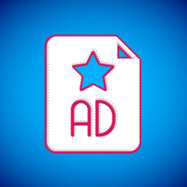 Mavi arkaplanda beyaz reklam simgesi izole edildi. Pazarlama ve tanıtım süreci kavramı. İlgili reklamlar. Sosyal medya reklamcılığı. Vektör.