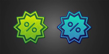 Siyah arkaplanda yeşil ve mavi etiket simgesi var. Etiket alışverişi. Özel teklif işareti. İndirim kuponları sembolü. Vektör.