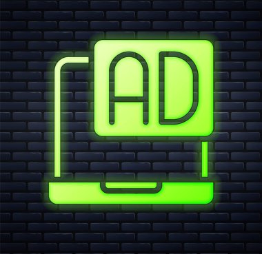 Parlayan neon reklam simgesi tuğla duvar arka planında izole edildi. Pazarlama ve tanıtım süreci kavramı. İlgili reklamlar. Sosyal medya reklamcılığı. Vektör.