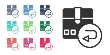 Siyah Dönüş karton kutu simgesi beyaz arkaplanda izole edildi. Kutu, paket, paket işareti. Teslimat ve ambalaj. Simgeleri renklendirin. Vektör.