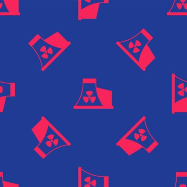 Kırmızı Nükleer Santral ikonu mavi arka planda izole edilmiş kusursuz desen. Enerji endüstrisi konsepti. Vektör.