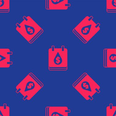 Dolar sembolü simgesi olan kırmızı yağ damlası mavi arka planda izole edilmiş. Petrol fiyatı. Petrol ve petrol endüstrisi. Vektör.