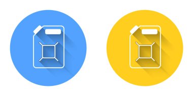 Benzin ikonu için beyaz teneke kutu uzun gölgeli arka plan. Dizel gaz ikonu. Çember düğmesi. Vektör.