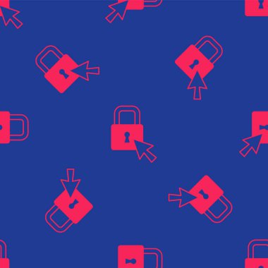 Kırmızı Kilit simgesi mavi arkaplanda izole edilmiş. Asma kilit işareti. Güvenlik, güvenlik, koruma, gizlilik kavramı. Vektör.