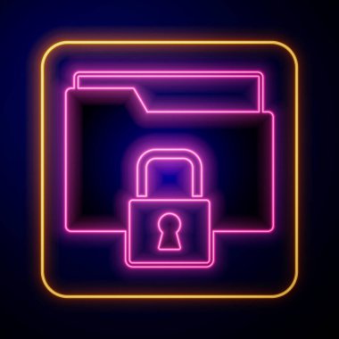 Parlayan neon dizini ve kilit simgesi siyah arkaplanda izole edildi. Kapalı dosya ve asma kilit. Güvenlik, güvenlik, koruma kavramı. Vektör.