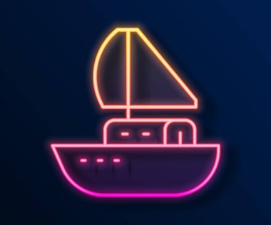 Parlayan neon hattı ya da siyah arka planda izole edilmiş yelkenli gemi simgesi. Yelkenli deniz seyahati. Vektör.