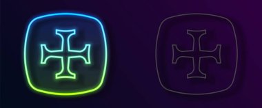 Parlayan neon hattı Haçlı Seferi simgesi siyah arka planda izole edildi. Vektör.