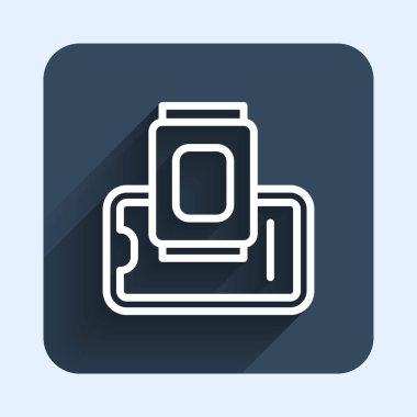 Mobil ikon üzerindeki beyaz çizgi yiyecek siparişi uzun gölge arkaplanı ile izole edildi. Cep telefonuyla sipariş verin. Restoran yemek teslimatı konsepti. Mavi kare düğme. Vektör.