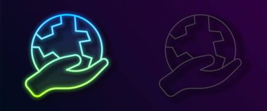 Parlayan neon hattı. Dünya 'nın simgesini tutan insan eli. Siyah arka planda izole edilmiş. Dünya kavramını sakla. Vektör.