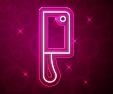 Parlayan neon hattı Et Helikopteri simgesi kırmızı arkaplanda izole edildi. Et için mutfak bıçağı. Kasap bıçağı. Vektör.