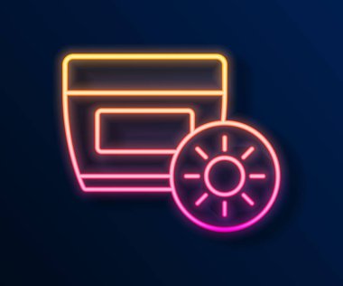 Siyah arkaplanda izole edilmiş tüp ikonunda parlayan neon kremi. Cilt için güneş ultraviyole ışığından koruma. Vektör.