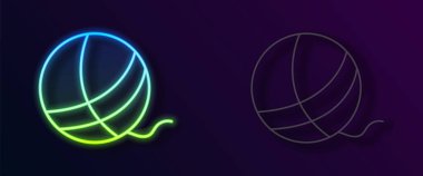 Parlayan neon çizgisi iplik topu simgesi siyah arkaplanda izole edildi. El yapımı, örgü ya da terzi için etiket. Vektör.