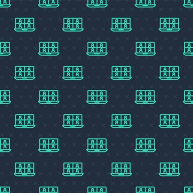 Yeşil çizgi görüntülü sohbet konferans simgesi mavi arkaplanda izole edilmiş kusursuz desen. Çevrimiçi iş görüşmesi formu. Uzak proje yönetimi. Vektör.