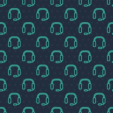 Yeşil çizgi kulaklık ikonu mavi arka planda kusursuz desen izole etti. Kulaklıklar. Müzik, hizmet, iletişim ve operatör konsepti. Vektör.