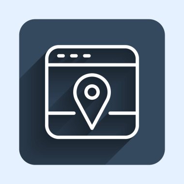 Şehir haritası yön bulma simgesinin beyaz çizgi bilgisi uzun gölge arkaplanı ile izole edildi. Mobil Uygulama Arayüzü tasarımı. Coğrafi konsept. Mavi kare düğme. Vektör.