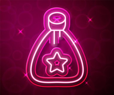 Parlayan neon hattı Noel Baba hediye paketi simgesi kırmızı arka planda izole edilmiş. Noel hediyeleri çuvalı. Mutlu Noeller ve mutlu yıllar. Vektör.
