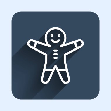 Beyaz çizgi, uzun gölgeli tatil zencefilli kurabiye ikonu. Kurabiye, insan şeklinde ve kremalı. Mavi kare düğme. Vektör.