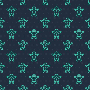 Yeşil çizgi üzerinde tatil zencefilli kurabiye adam ikonu mavi arka planda izole edilmiş pürüzsüz desen. Kurabiye, insan şeklinde ve kremalı. Vektör.