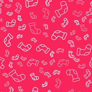 Beyaz çizgi Noel çorap ikonu kırmızı arka planda izole edilmiş pürüzsüz desen. Mutlu Noeller ve mutlu yıllar. Vektör.