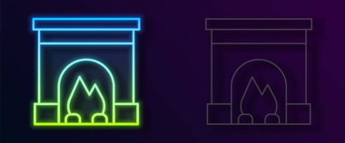 Parlayan neon hattı siyah arka planda izole edilmiş şömine ikonu. Vektör.