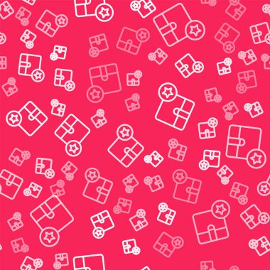 Beyaz çizgi karton kutu simgesi kırmızı arkaplanda izole edilmiş kusursuz desen. Kutu, paket, paket işareti. Teslimat ve ambalaj. Vektör.