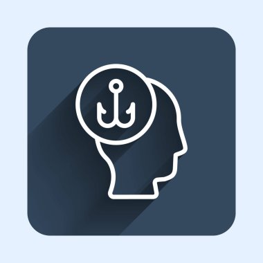 Beyaz çizgi Balıkçı simgesi uzun gölge arkaplanı ile izole edilmiş. Mavi kare düğme. Vektör.