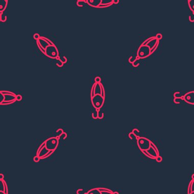 Kırmızı çizgi Balık yemi simgesi siyah arkaplanda izole edilmiş kusursuz desen. Balık oltası. Vektör.