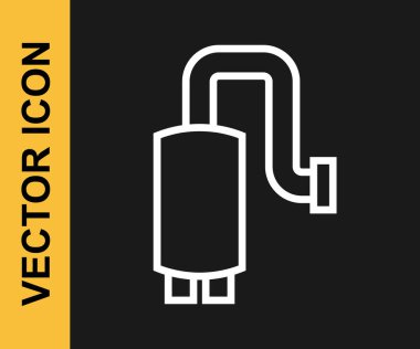 Siyah arka planda beyaz çizgili araba egzozu simgesi var. Egzoz borusu. Vektör.