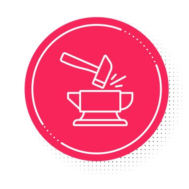 White line Blacksmith anvil tool and hammer icon isolated on white background. Metal forging. Forge tool. Red circle button. Vector.