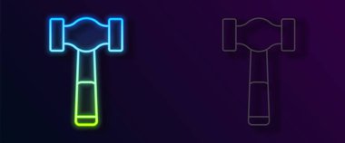 Parlayan neon hattı Çekiç simgesi siyah arkaplanda izole edildi. Tamir için bir araç. Vektör.