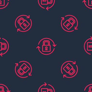 Red line Lock icon isolated seamless pattern on black background. Padlock sign. Security, safety, protection, privacy concept. Vector.