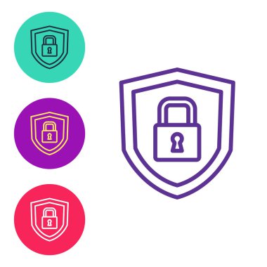 Beyaz arkaplanda kilit simgesi izole edilmiş çizgi kalkan güvenliğini ayarlayın. Koruma, güvenlik, şifre güvenliği. Güvenlik duvarı gizlilik levhası. Simgeleri renklendirin. Vektör.