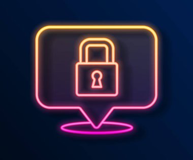 Parlayan neon çizgi simgesi siyah arkaplanda izole edildi. Asma kilit işareti. Güvenlik, güvenlik, koruma, gizlilik kavramı. Vektör.