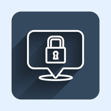 White line Lock icon isolated with long shadow background. Padlock sign. Security, safety, protection, privacy concept. Blue square button. Vector.