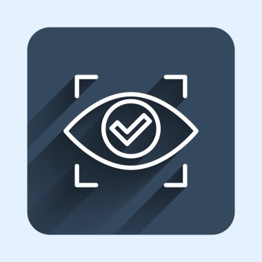 White line Eye scan icon isolated with long shadow background. Scanning eye. Security check symbol. Cyber eye sign. Blue square button. Vector.