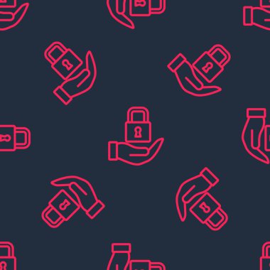 Red line Lock icon isolated seamless pattern on black background. Padlock sign. Security, safety, protection, privacy concept. Vector.
