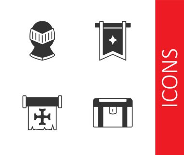Set Antique treasure chest Medieval helmet Crusade and flag icon. Vector.
