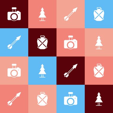 Set pop art Photo camera Tree Medieval arrow and Canteen water bottle icon. Vector.