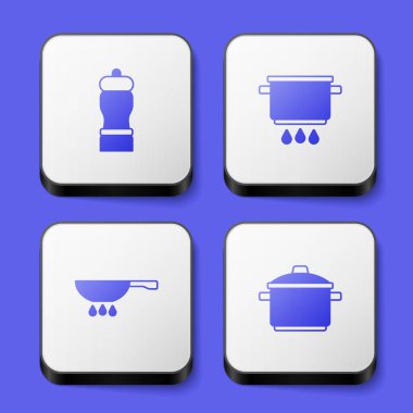 Set Pepper Cooking pot on fire Frying pan and icon. White square button. Vector.