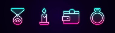 Set line Medallion on chain with eye Burning candle Wallet and Magic stone ring. Glowing neon icon. Vector.