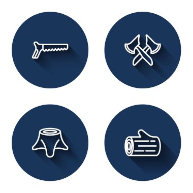 Set line Hand saw Wooden axe Tree stump and log with long shadow. Blue circle button. Vector.