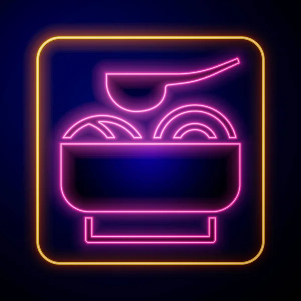 Glowing Neon Ramen Soup Bowl Noodles Icon Isolated Black Background — Stock Vector