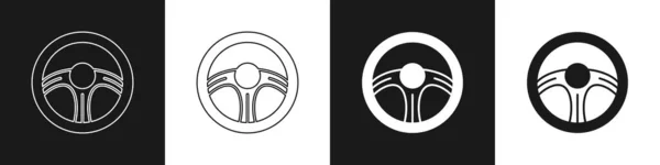 Set Racing Steering Wheel Icon Isolated Black White Background Car — Vector de stock