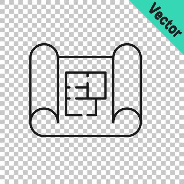 Ligne Noire Icône Plan Maison Isolé Sur Fond Transparent Vecteur — Image vectorielle