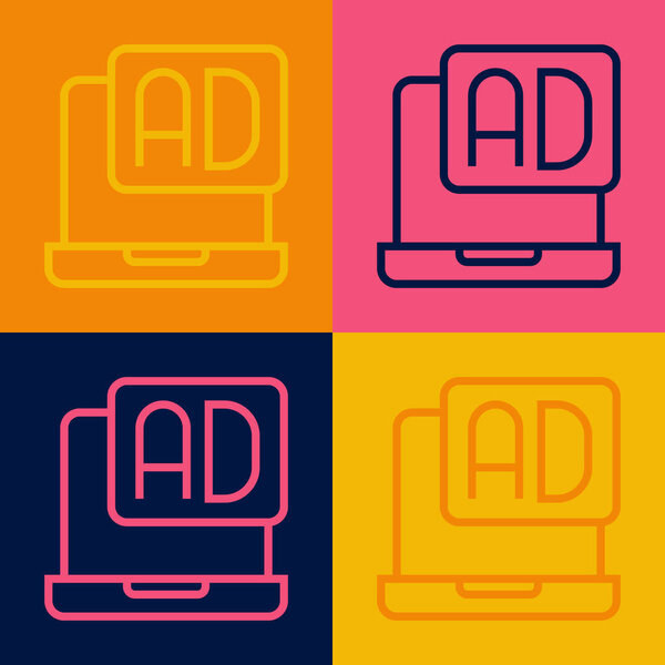 Pop art line Advertising icon isolated on color background. Concept of marketing and promotion process. Responsive ads. Social media advertising. Vector.