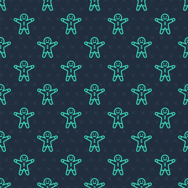 Yeşil çizgi üzerinde tatil zencefilli kurabiye adam ikonu mavi arka planda izole edilmiş pürüzsüz desen. Kurabiye, insan şeklinde ve kremalı. Vektör.